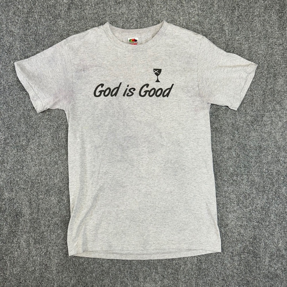 Fruit of the Loom God is Good All the Time Gray Graphic T-Shirt Mens Small S